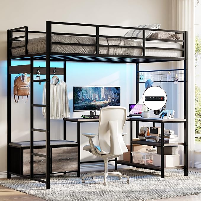 Vabches Twin Size Loft Bed with L-Shaped Desk, LED Lights, Charging Station, Loft Bed Frame with with Storage Drawers,Coat Rack, Safety Guardrail & Ladder, Gray