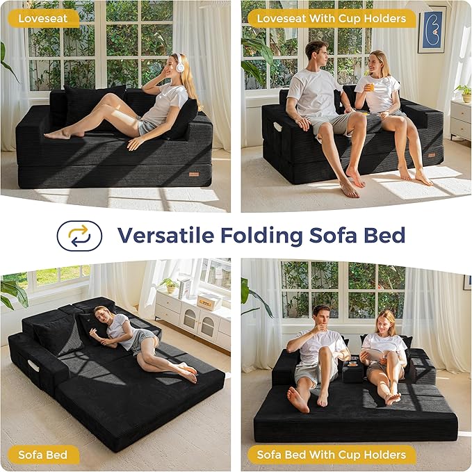 MAXYOYO Loveseat Sofa Bed, 64" Foldable Floor Sofa Couch in A Box with 2 Cup Holders, 4 in 1 Convertible Boneless Couch Folding Recliner Sleeper Chair for Living Room, No Assembly Required, Black