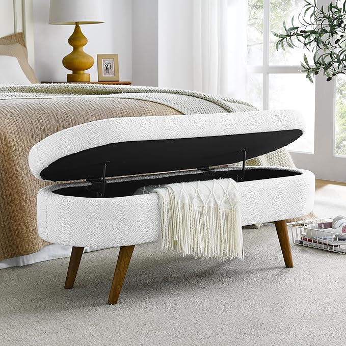 43.5" Ottoman with Storage, Storage Ottoman Bench with Safety Hinge, Linen End of Bed Bench, Upholstered Entryway Bench for Bedroom, Living Room & Window, Holds up to 330 lb, White