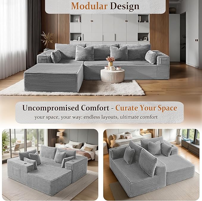 108" Oversized Cloud Sectional Couch, Comfort L Shaped Boneless Couch for Living Room, Extra Deep Seats No Assembly, Minimalist Modular Sofa, Corduroy (Light Grey, 2 seater+Right Facing Chaise)