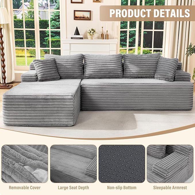 Hobestluk Modular Sectional Sofa Boneless Couch L-Shape Couch 3 Seat Modular Couch Memory Foam Sectional Couches for Living Room Furniture, Cloud Couch with Oversized Chaise (108" Left Facing Chaise)