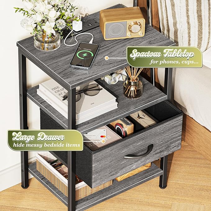 SUPERJARE Nightstand with Charging Station, Bed Side Table with Adjustable Fabric Drawer, Night Stand for Bedroom, 3-Tier Storage End Table, for Living Room, Grey