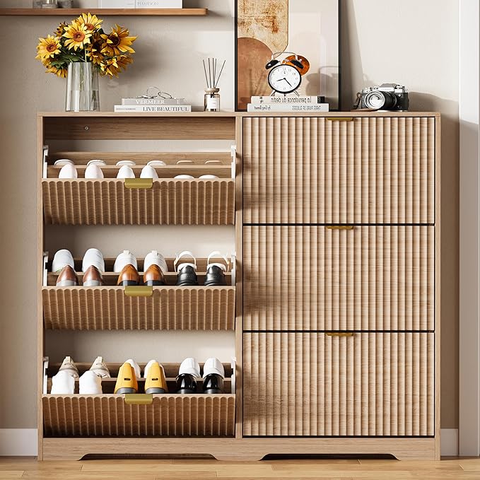 HUANLEGO Shoe Cabinet Storage for Entryway with 6 Flip Drawers, Oak Fluted Shoe Cabinet with Adjustable Shelves, Wooden Hidden Shoe Rack Freestanding Narrow Slim Shoes Storage for Hallway, Entrance