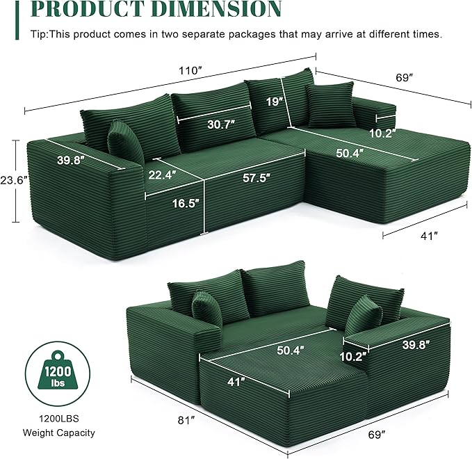 Mangodan 110” Cloud Sectional Couch, Boneless Sofa for Living Room, Modular Sectional Sofa with Deep Seat, Comfy Fluffy Couch with L-Shaped Chaise, No Assembly Required (Right-Facing Chaise, Green)