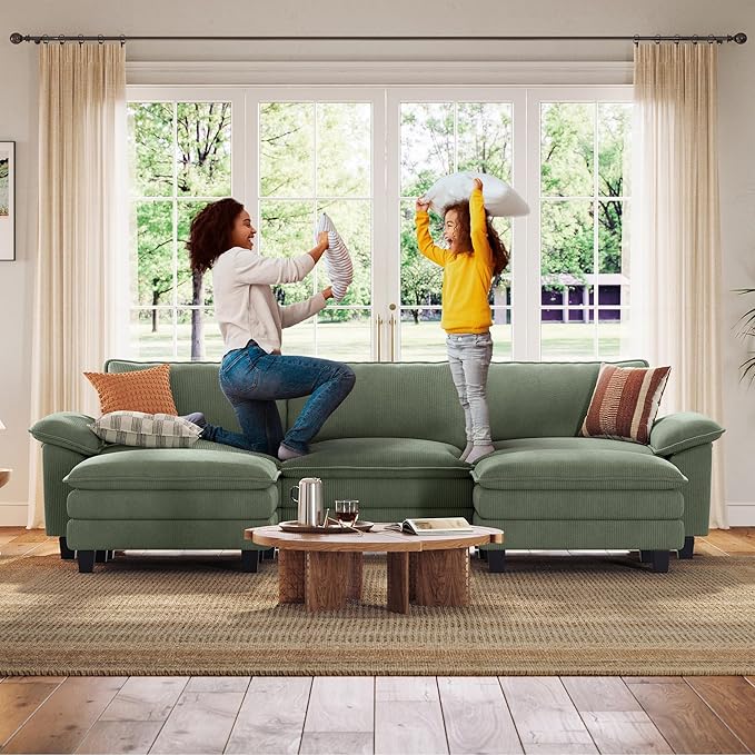 LINSY HOME 123" Modular U-Shaped Sectional Sofa, 3-Seat Corduroy Modern Cloud Couch with Deep Seat & 2 Movable Ottoman, Perfect for Living Room, Office, Bedroom, Green