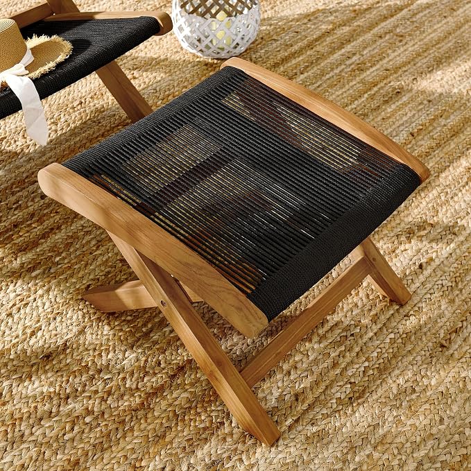 Modway Vienna Outdoor Patio Teak Wood Folding Ottoman in Natural Black