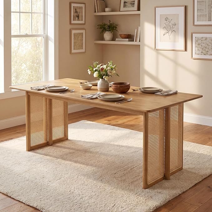 Merax Rustic Rubber Wood 70.87''L Rectangular Dining Table with Rattan Accents Legs, Large Rectangular Kitchen Table Fits up to 6 People, Easy Assemble, Natural