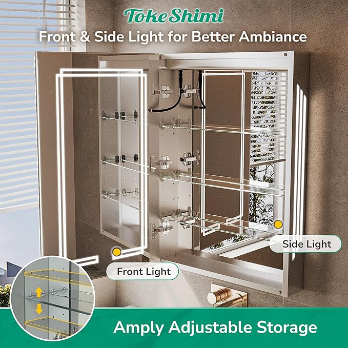 TokeShimi 36x32 Inch Lighted Medicine Cabinet, LED Medicine Cabinet with Lights, Wall-Mounted Bathroom Cabinet Mirror with 3 Color Temperature, Anti-Fog, CRI 80+, Memory Function, Tempered Glass