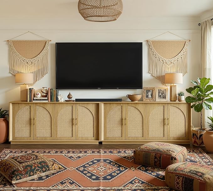 FORTUNETEC 63" Sideboard Buffet Cabinet with Storage, Modern Accent Cabinet with Rattan Arched Doors, Modular Media Console, Boho Credenza for Living Room Kitchen Dining Room Entryway, Oak