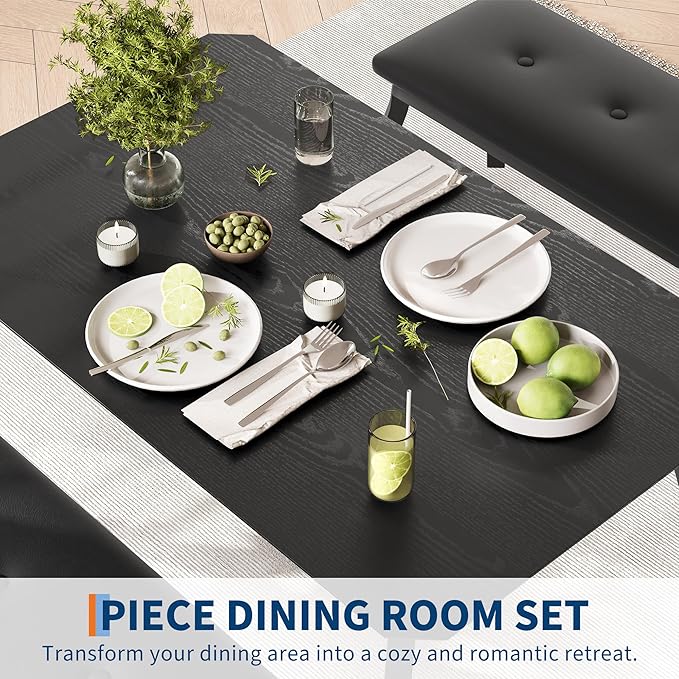 Dining Table for 4, 3-Piece Kitchen Table Set for 4 with Wooden Tabletop and Metal Frame, Industrial Kitchen Table with 2 PU Leather Benches for Bar, Dining Room, Restaurant(43''x28''x30''), Black