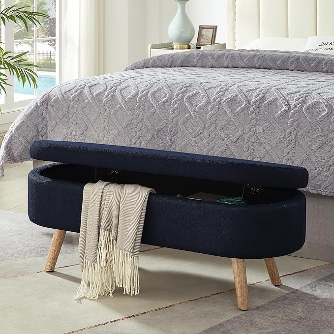 42.25" Ottoman with Storage, Storage Ottoman Bench with Safety Hinge, Foam End of Bed Bench, Upholstered Entryway Bench for Bedroom, Living Room & Window, Holds up to 330 lb, Navy Bule