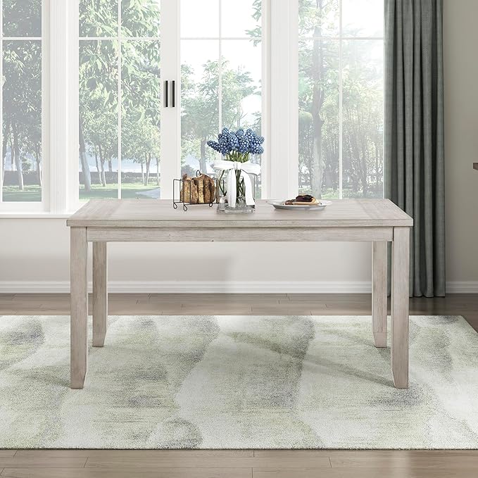 Lexicon 60" Farmhouse Dining Table for 4-6 People, Solid Wood Frame Acacia Veneer Rectangular Kitchen Table, for Kitchen, Dining Room, Living Room, Assembly Required, Brushed Antique White Finish