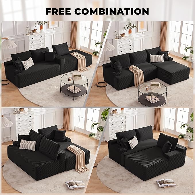 Mangodan Cloud Sectional Sofa, Boneless Couch for Living Room, Modular Sectional Sofa with Deep Seat, Fluffy L-Shaped Comfy Couch with Right-Facing Chaise, No Assembly Required, Black