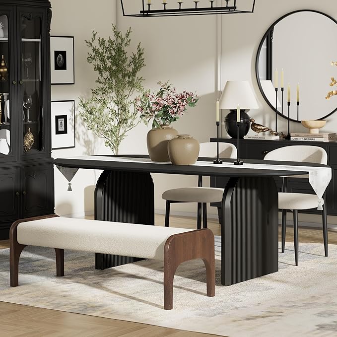 4-Piece Mid-Century Modern Dining Table Set, 63" Black Rectangular Table with 2 Dining Chairs & Bench, Dining & Kitchen Room Set for 4, Space-Saving Rustic Dining Set, Beige