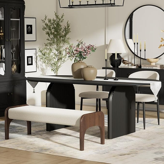 4-Piece Mid-Century Modern Dining Table Set, 63" Black Rectangular Table with 2 Dining Chairs & Bench, Dining & Kitchen Room Set for 4, Space-Saving Rustic Dining Set, Beige