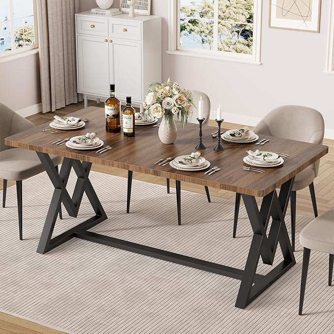 IRONCK 63" Dining Table for 4-6, Modern Rectangular Kitchen Table with Sturdy Metal Frame & Geometric Legs for Dining Room, Easy Clean-Brown