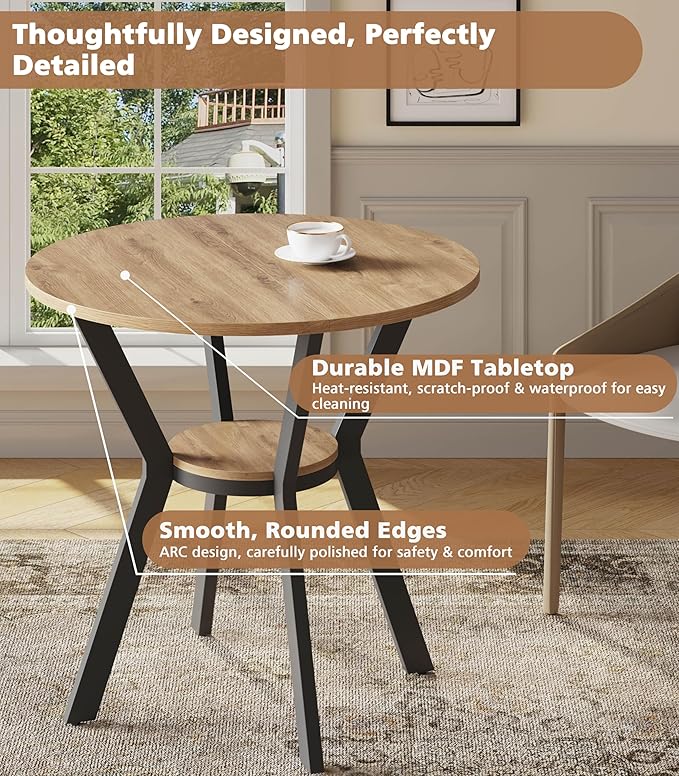 Round Kitchen Tables for 2-4, 31.5" Small Dining Tables with Storage, Rustic Wood Circle Dinner Table with Metal Leg, Farmhouse Dinner Table for Small Space, Dining Room, Kitchen, Office, Apartment