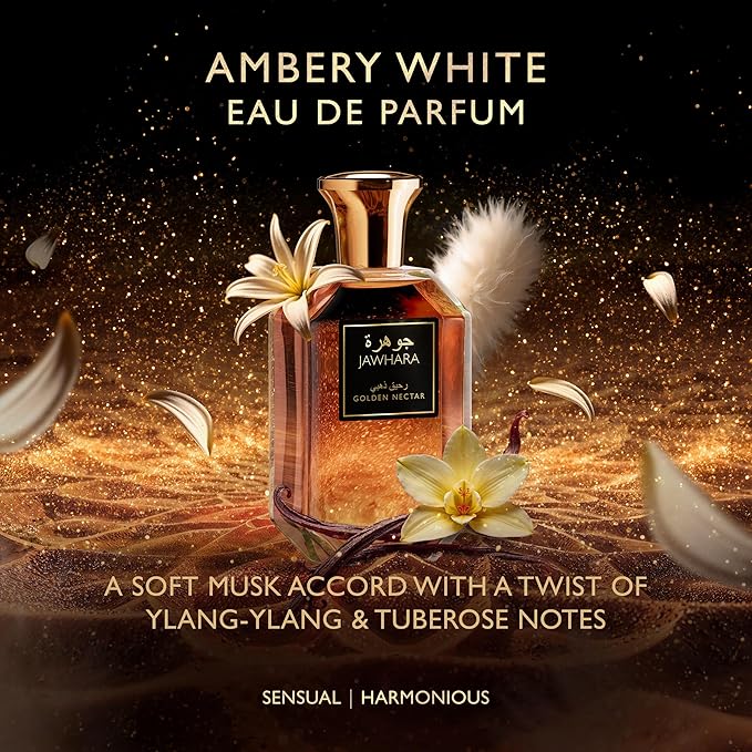 Jawhara Golden Nectar | Ambery White Eau de Parfum 3.3 fl oz | Notes of Bergamot, Vanilla Flower, Ylang-Ylang and Musk | Long Lasting | Everyday Wear | TSA Compliant | Floral Fragrance for Women