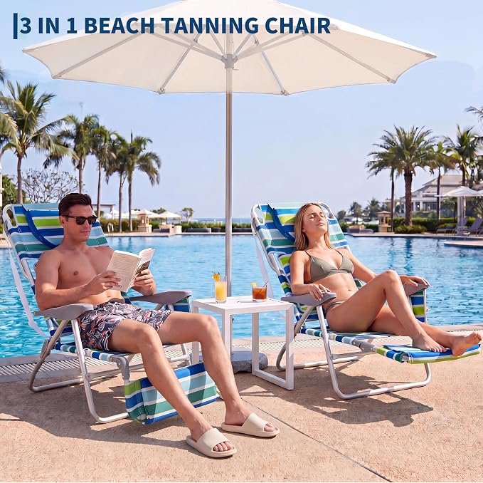GarveeLife Backpack Beach Chair for Adults, Lightweight Portable Lay Flat Folding Beach Chair with 5 Reclining Positions, Backpack Straps, Phone Pocket (with Face Hole - 2 Pack)