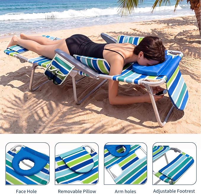 GarveeLife Backpack Beach Chair for Adults, Lightweight Portable Lay Flat Folding Beach Chair with 5 Reclining Positions, Backpack Straps, Phone Pocket (with Face Hole - 2 Pack)