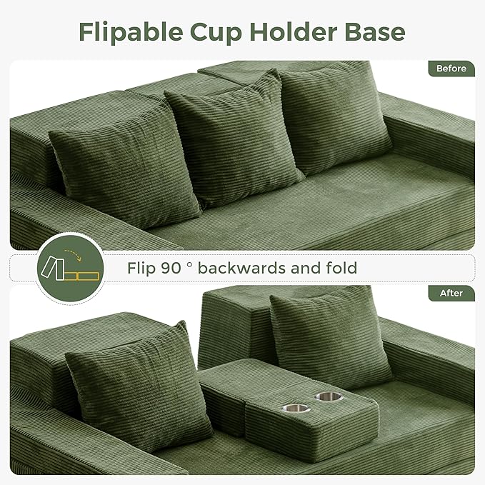 MAXYOYO Convertible Sofa Bed, 80" Oversized Boneless Loveseat Couch 4 in 1 Foldable Floor Sofa Couch in A Box with 2 Cup Holders, Folding Sleeper Chair for Living Room, No Assembly Required, Green