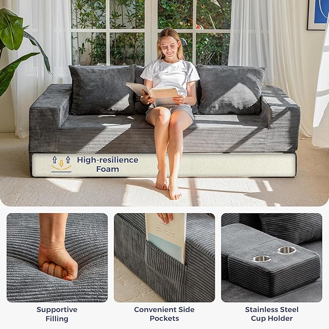 MAXYOYO Convertible Sofa Bed, 80" Oversized Boneless Loveseat Couch 4 in 1 Foldable Floor Sofa Couch in A Box with 2 Cup Holders, Folding Sleeper Chair for Living Room, Charcoal Grey
