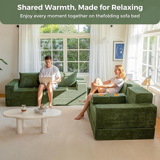 MAXYOYO Loveseat Sofa Bed, 64" Foldable Floor Sofa Couch in A Box with 2 Cup Holders, 4 in 1 Convertible Boneless Couch Folding Recliner Sleeper Chair for Living Room, No Assembly Required, Green