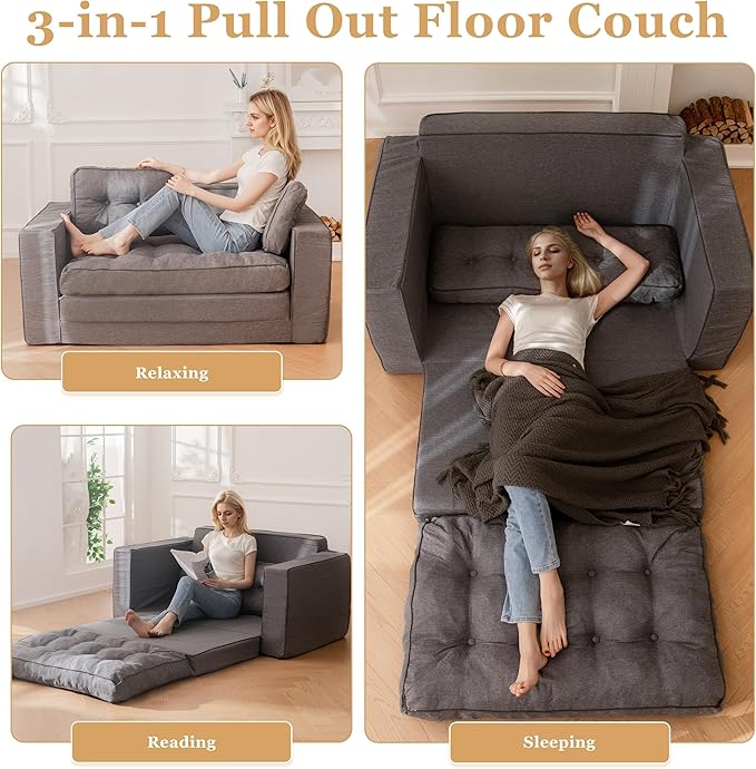 YOSHOOT Loveseat Sleeper Sofa,55" Convertible Sofa Bed Couch Futon Couches for Living Room,3-in-1 Pull Out Floor Couch with Backrest and Pillows, Dark Grey