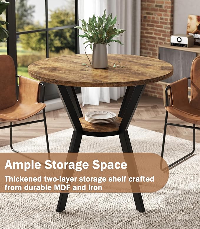 MECHYIN Round Kitchen Table for 2-4, Small Round Dining Table with Storage, Rustic Wood Circle Table with Metal Legs, Compact Dining Room Table for Kitchen, Cafe, Apartment and Small Space