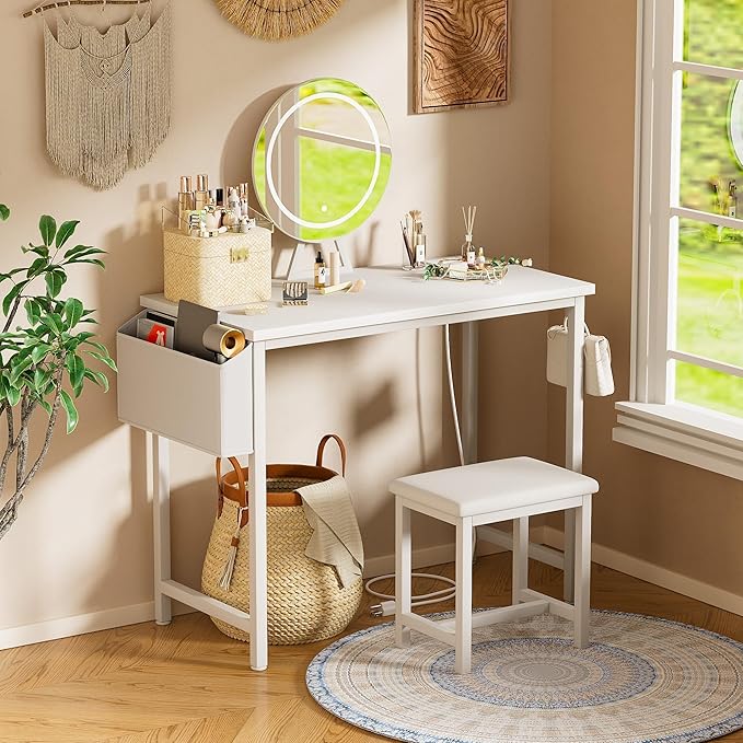 Cheap Makeup Girls Vanity Set with Mirror and Stool and Lights & Power Outlet, White Make Up Dressing Table with Chair, Kids Vanities for Bedroom 40“