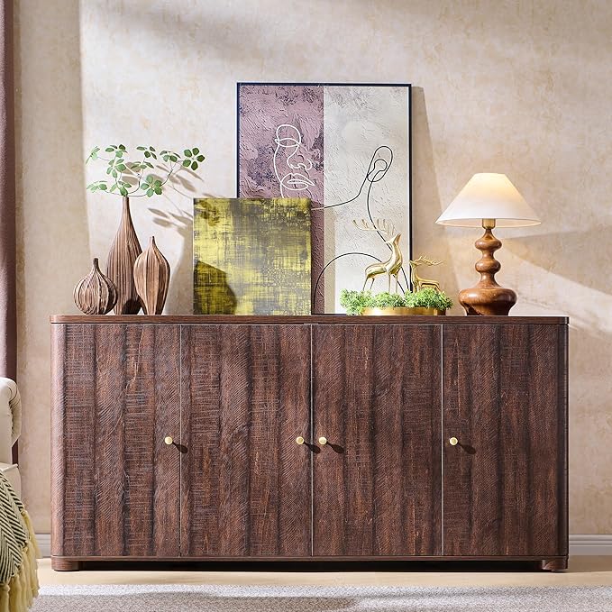 IFGET Curved Buffet Cabinet with Doors, 66" Large Sideboard Buffet Storage Cabinet with 4 Doors and Shleves, Modern Coffee Bar Station Wood Kitchen Table for Kitchen, Dining Room, Borwn