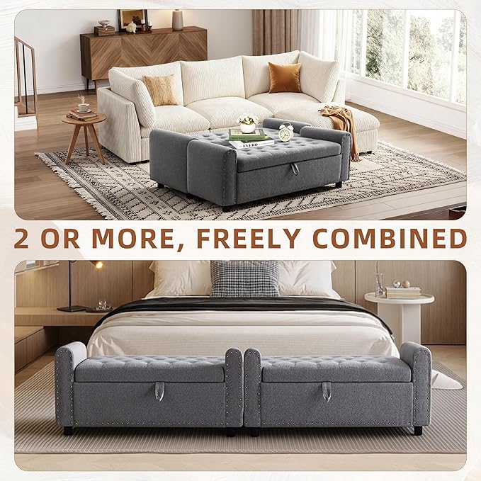 48" Ottoman with Storage, Tufted Storage Ottoman Bench, Convenient Living Room Fabrics Bench Seat, Entryway Shoe Benches with Inner Zipper&Arm, Upholstered Window Seat Ottomans with Rivets, Dark Grey