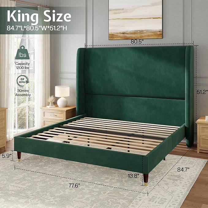 Jocisland King Size Bed Frame 51.2" Wingback Headboard Velvet Upholstered Platform Bed,Solid Wood Legs & Wooden Slats,No Box Spring Needed,Noise-Free,for Family Master Suite Bedroom Upgrade,Green