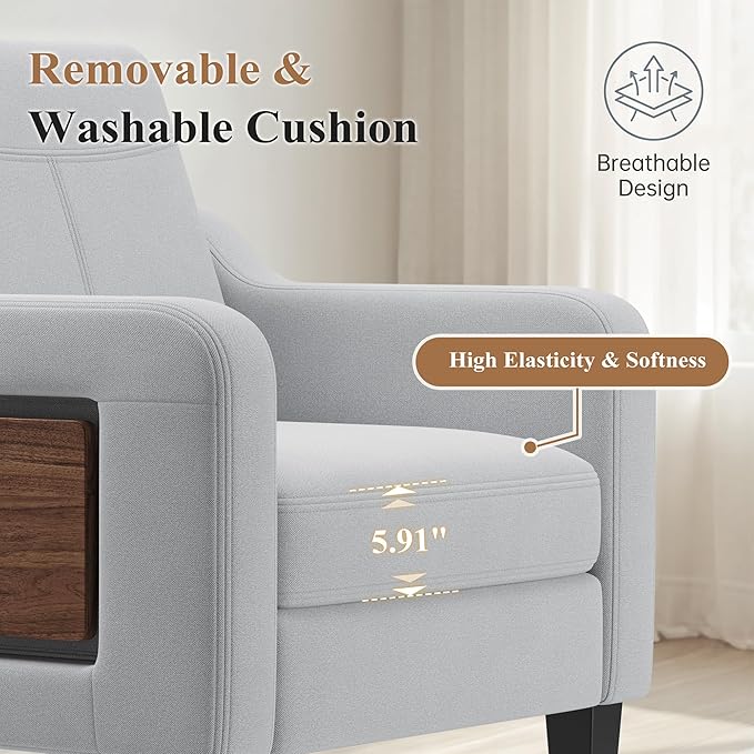 Accent Chairs Set of 2 for Living Room, Mid-Century Upholstered Armchair with Foldable Table & 2 Side Pockets, Modern Linen Wooden Sofa Chair for Bedroom & Reading Room, Light Grey
