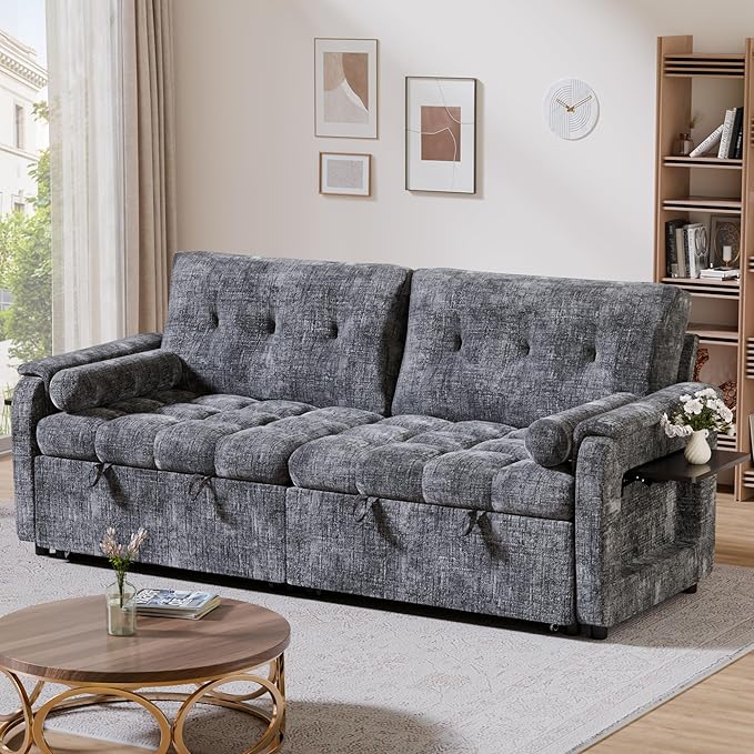 Convertible Sleeper Sofa Bed, 86 Inch Chenille Pull Out Couch with Side Table & Adjustable Backrest, Sectional Sleeper Sofa with Pull Out Bed for Living Room, Apartment, Gray