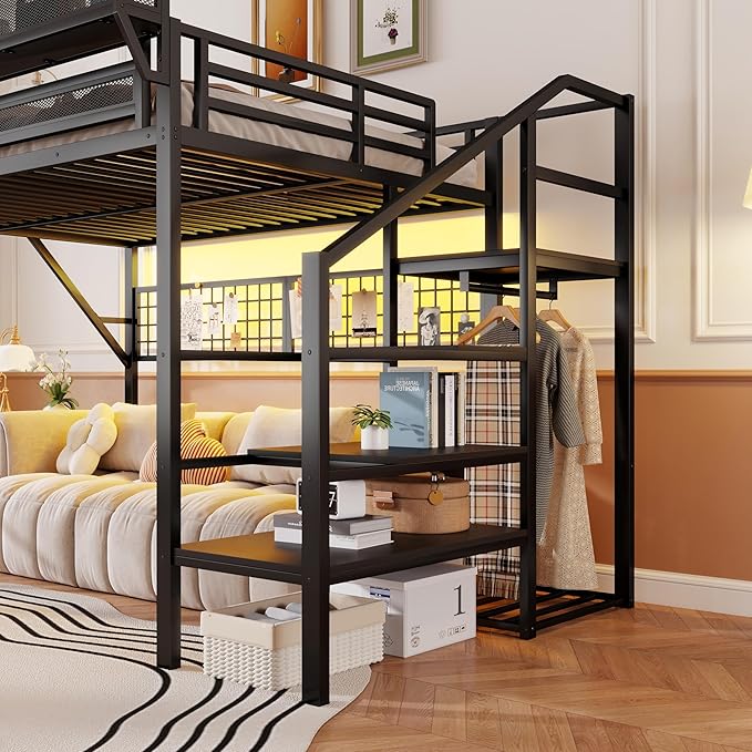 KEIKI Queen Size Metal Loft Bed Frame with Grid & Staircase & Built-in Storage Shelves & Wardrobe, Loft Bed with Solid Slats & Guardrail, No Box Spring Required, Easy Assembly, for Bedroom, Black