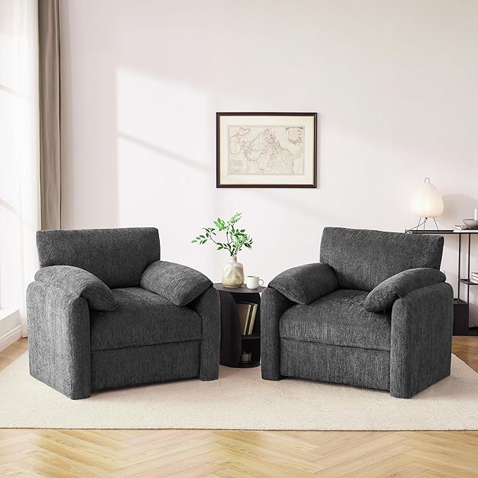 Howjoe Chenille Oversized Armchair, 38.6'" Wide Accent Chairs for Living Room & Bedroom Modern Lounge Chair, Upholstered Mid-Century Reading Chair,Comfy Living Room Chair(Darkgray, 2 Pack)