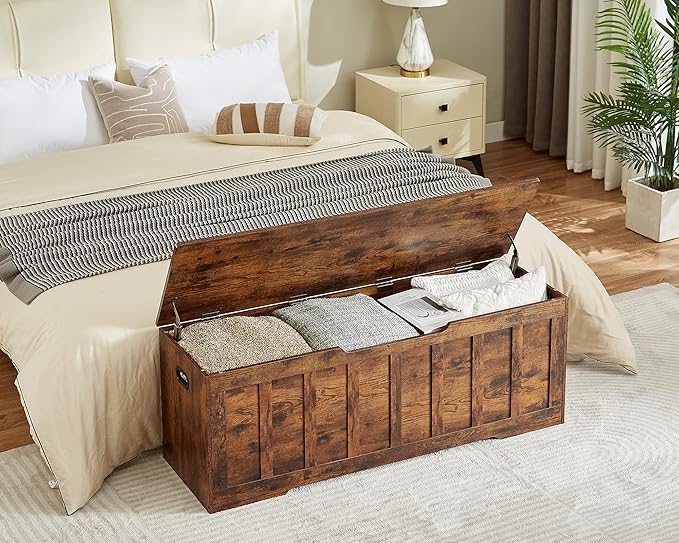 VANKILEY 51.2"Storage chest extra large,storage bench with 2 safety hinges,Shoe Bench,51.2*15.7*19.1inches,wooden trunk for bedroom,livingroom,entryway,Supports 220 lb,Easy Assembly(Rustic brown)