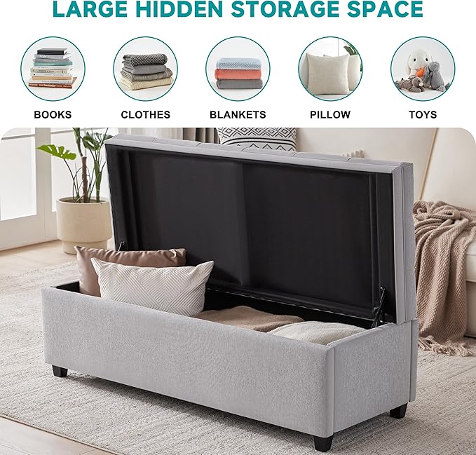 Mangodan 50" Storage Ottoman Bench, Tufted Ottoman with Storage for Living Room, Large End of Bed Ottomans, Modern Entryway Benchs, Window & Bedroom Benches for Foot of Bed (LightGray)