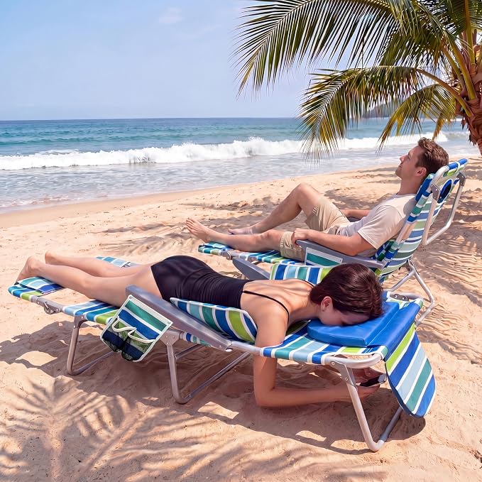 GarveeLife Backpack Beach Chair for Adults, Lightweight Portable Lay Flat Folding Beach Chair with 5 Reclining Positions, Backpack Straps, Phone Pocket (with Face Hole - 2 Pack)
