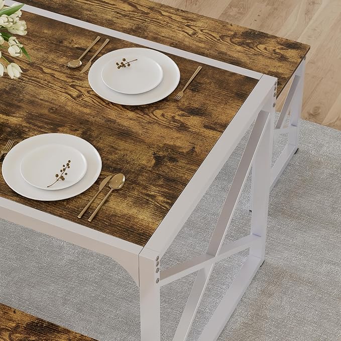VECELO 55” Kitchen Dining Table Set for 4, Heavy-Duty Steel Frame & Wood-Grain Tabletop, Space-Saving Dinette Sets with 2 Benches for Breakfast Nook and Small Space, Drak Brown