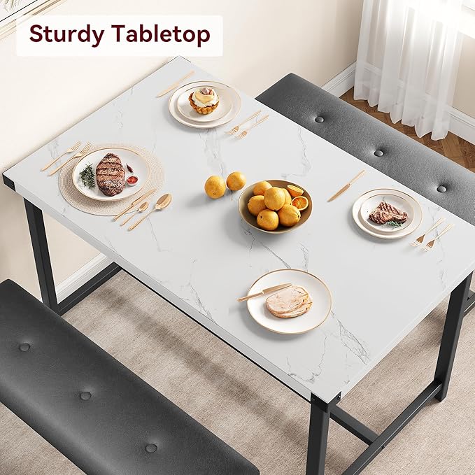IDEALHOUSE Dining Table Set for 4, Kitchen Table with 2 Upholstered Benches, Rectangular Dining Room Table Set, 3 Piece Kitchen Table Set for Small Space, Apartment, Studio, Marble White