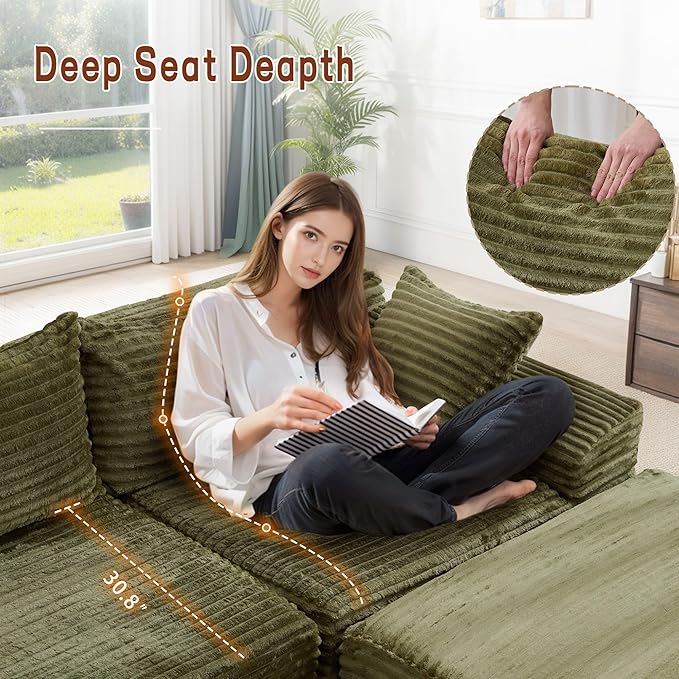 Korser 110" L-Shaped Modular Sectional Sofa with Chaise, Boneless Comfy Corduroy Fluffy Couch with Deep Seat and Side Pockets, Flexible Module Combination for Living Room, No Assembly, Side Pockets