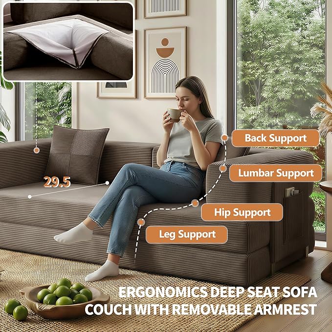 78.8" Convertible Sofa Bed with Armrest Pillow, 4-in-1 Sleeper Couch Bed for Livingroom, Modular Corduroy Boneless couches, No Assembly (Brown)