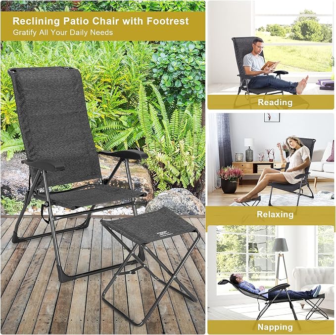 Giantex 4 Pcs Folding Patio Chairs with Footrest, Adjustable Back, 2 Pack Outdoor Portable Sling Patio Dining Chairs for Camping Lawn Bistro Porch Garden Yard Pool