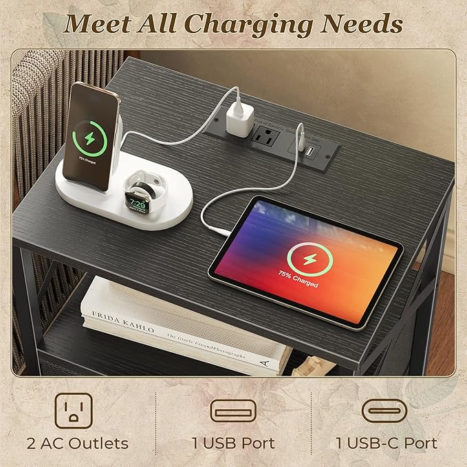 Huuger Night Stand with Charger Station, 2 Drawer Nightstand with Open Shelf, Bed Side Table with USB-C Port, End Table, Compact Size for Small Spaces, X Shaped Side Rail, Black