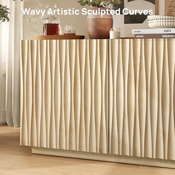 CHIC HOUSE 70" Fluted Mid Century Modern Buffet Cabinet with Storage, Farmhouse Storage Sideboard Cabinet with Doors, Accent Cabine & Media Console for Living Room, Entryway, Natural Oak