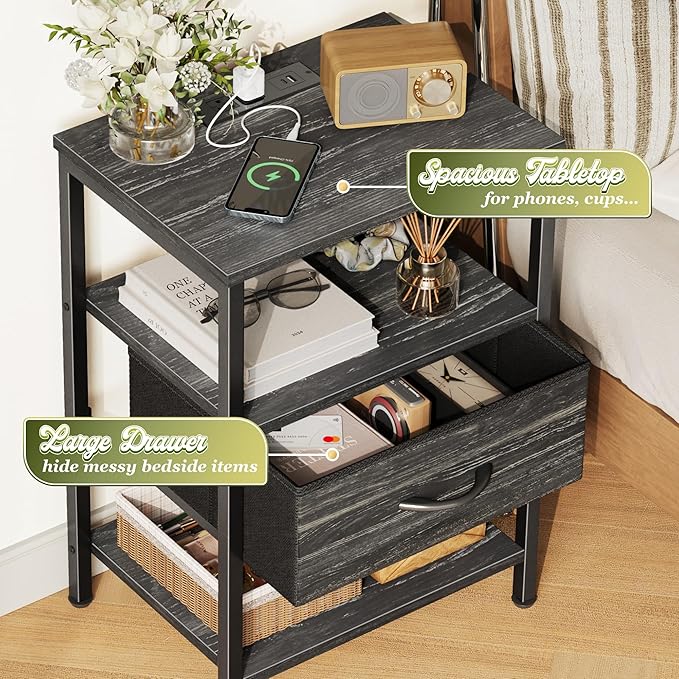 SUPERJARE Nightstand with Charging Station, Bed Side Table with Adjustable Fabric Drawer, Night Stand for Bedroom, 3-Tier Storage End Table, for Living Room, Charcoal Black Wood Grain Print
