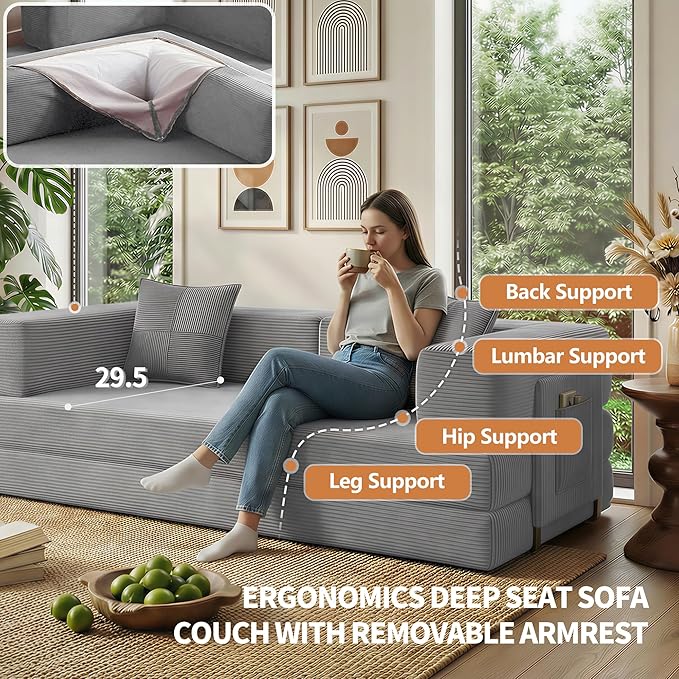 78.8" Convertible Sofa Bed with Armrest Pillow, 4-in-1 Sleeper Couch Bed for Livingroom, Modular Corduroy Boneless couches, No Assembly (Grey)