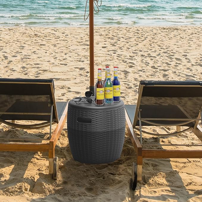 EasyUp 9.5 Gallon Outdoor Cooler Table, Wicker Round Ice Bucket for Parties, Rattan Bar Table with Top Lid Side Handles Drainage Plug, Beer Wine Cooler Side Tables for Patio, Poolside, Deck, Black